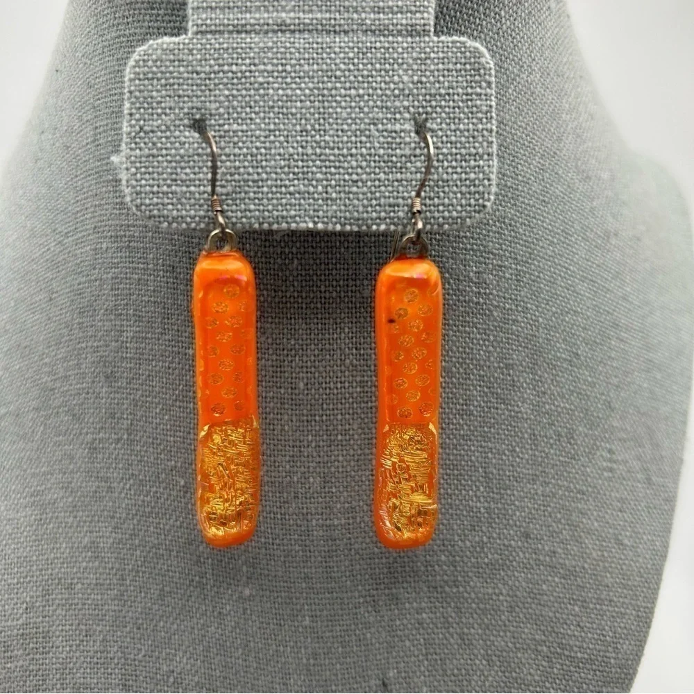 Sterling Silver 925 Hook Orange Resin Dangle Earrings with Gold Tone Flakes